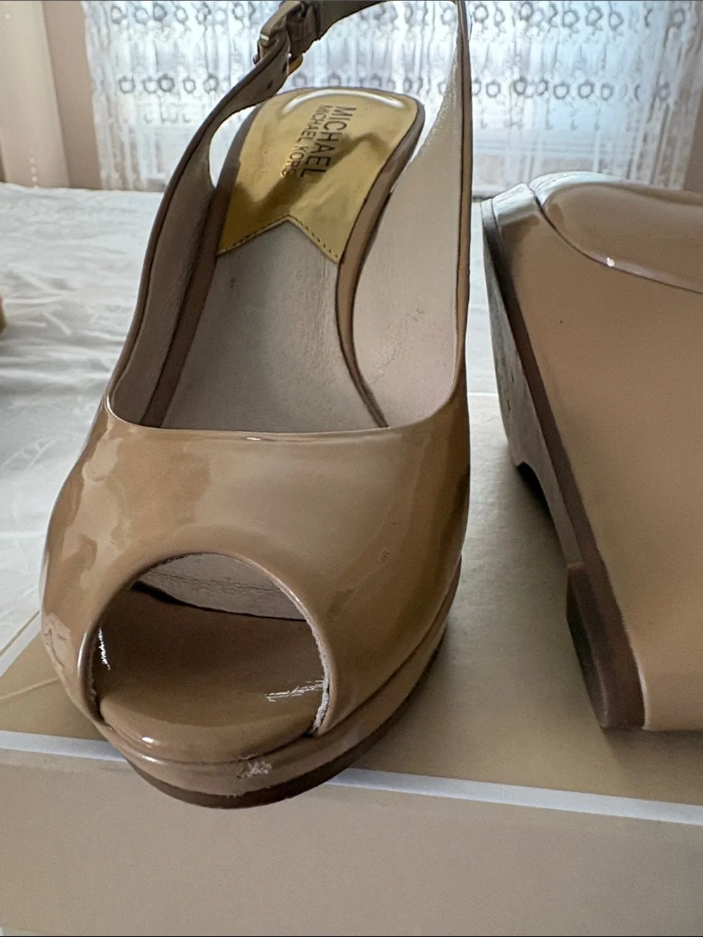 Michael Kors Beige Patent Peep-Toe Wedge Slingback Heels